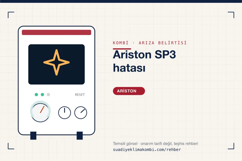 Temsili görsel: Ariston kombi paneli üzerinde belirti simgesi, "Ariston SP3 hatası" teşhis kartı