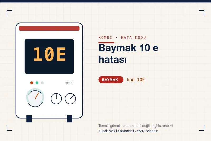 Temsili görsel: Baymak kombi paneli ekranında 10E kodu, "Baymak 10 e hatası" rehber kartı