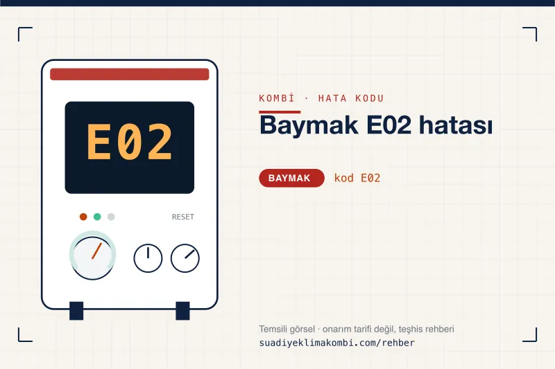 Temsili görsel: Baymak kombi paneli ekranında E02 kodu, "Baymak E02 hatası" rehber kartı