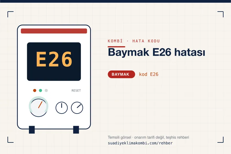 Temsili görsel: Baymak kombi paneli ekranında E26 kodu, "Baymak E26 hatası" rehber kartı