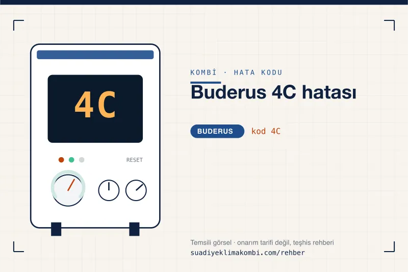 Temsili görsel: Buderus kombi paneli ekranında 4C kodu, "Buderus 4C hatası" rehber kartı