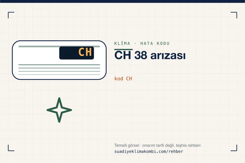 Temsili görsel: klima iç ünitesi ekranında CH kodu, "CH 38 arızası" rehber kartı