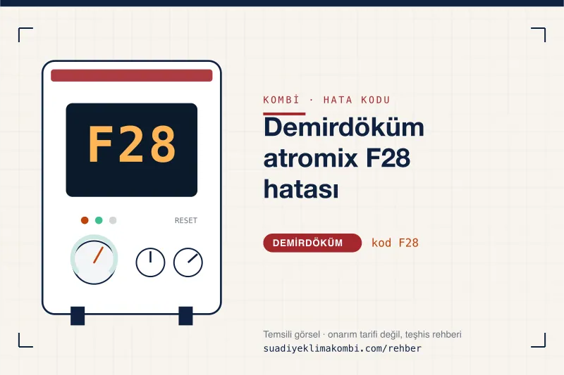 Temsili görsel: Demirdöküm kombi paneli ekranında F28 kodu, "Demirdöküm atromix F28 hatası" rehber kartı