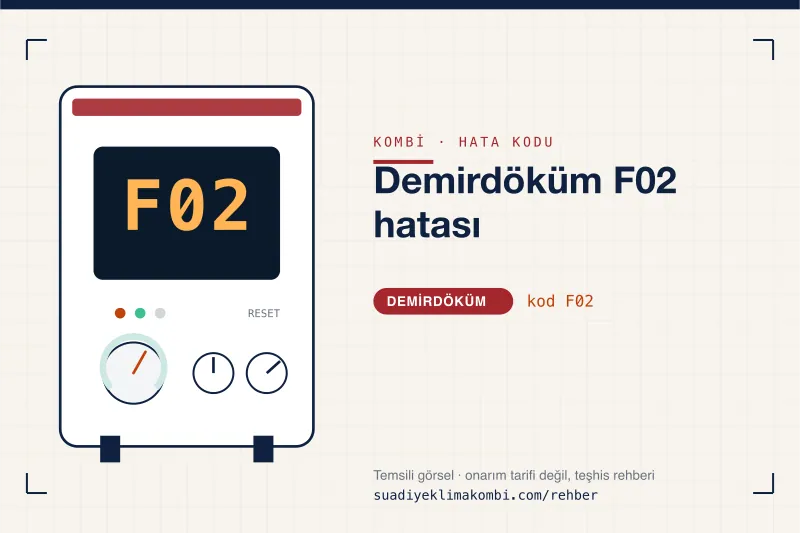Temsili görsel: Demirdöküm kombi paneli ekranında F02 kodu, "Demirdöküm F02 hatası" rehber kartı