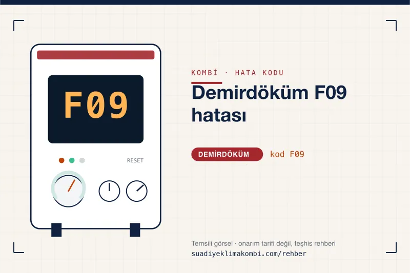 Temsili görsel: Demirdöküm kombi paneli ekranında F09 kodu, "Demirdöküm F09 hatası" rehber kartı