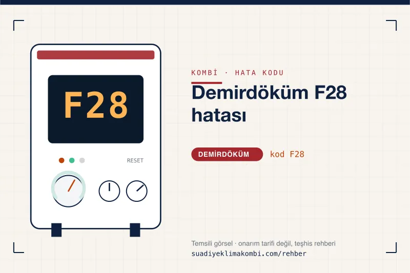 Temsili görsel: Demirdöküm kombi paneli ekranında F28 kodu, "Demirdöküm F28 hatası" rehber kartı