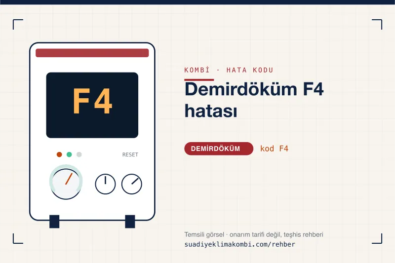 Temsili görsel: Demirdöküm kombi paneli ekranında F4 kodu, "Demirdöküm F4 hatası" rehber kartı