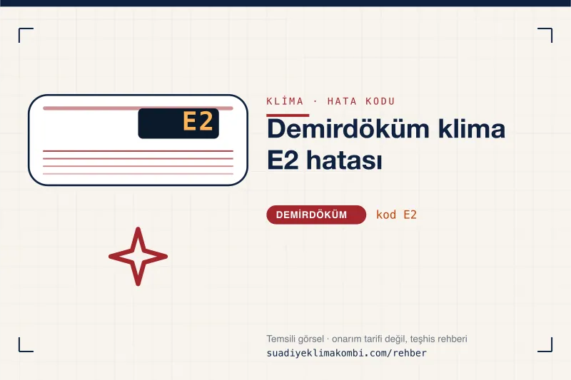 Temsili görsel: Demirdöküm klima iç ünitesi ekranında E2 kodu, "Demirdöküm klima E2 hatası" rehber kartı