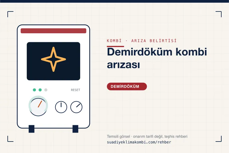 Temsili görsel: Demirdöküm kombi paneli üzerinde belirti simgesi, "Demirdöküm kombi arızası" teşhis kartı