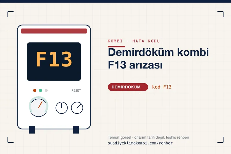 Temsili görsel: Demirdöküm kombi paneli ekranında F13 kodu, "Demirdöküm kombi F13 arızası" rehber kartı
