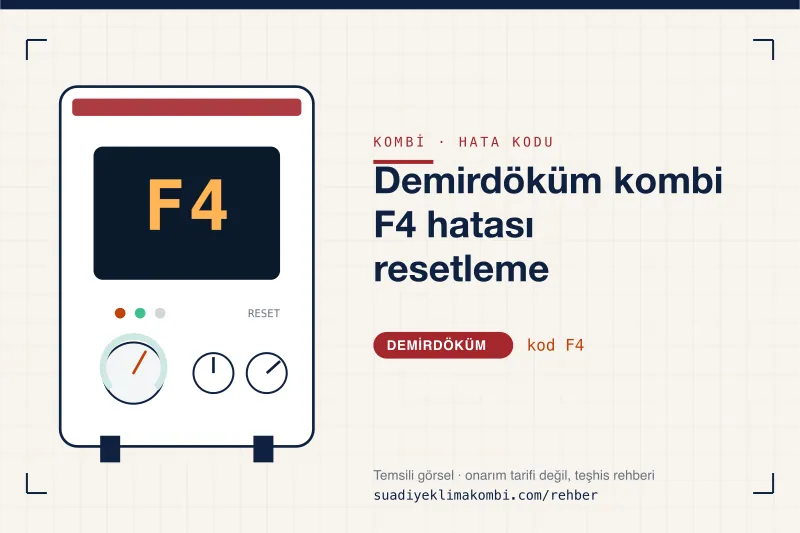Temsili görsel: Demirdöküm kombi paneli ekranında F4 kodu, "Demirdöküm kombi F4 hatası resetleme" rehber kartı
