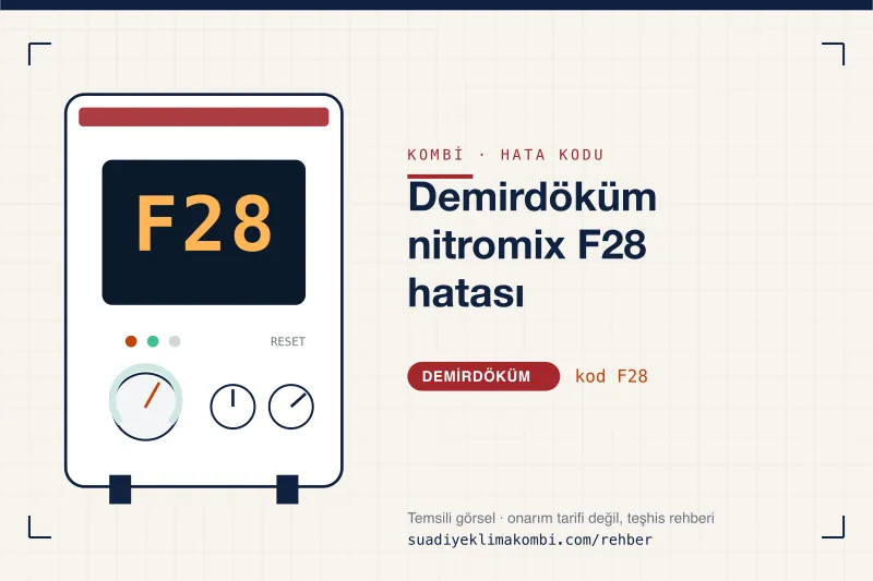 Temsili görsel: Demirdöküm kombi paneli ekranında F28 kodu, "Demirdöküm nitromix F28 hatası" rehber kartı
