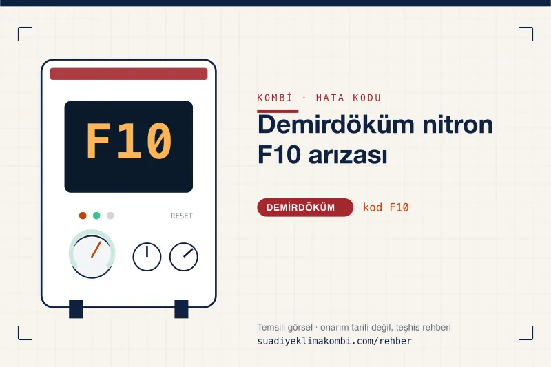 Temsili görsel: Demirdöküm kombi paneli ekranında F10 kodu, "Demirdöküm nitron F10 arızası" rehber kartı