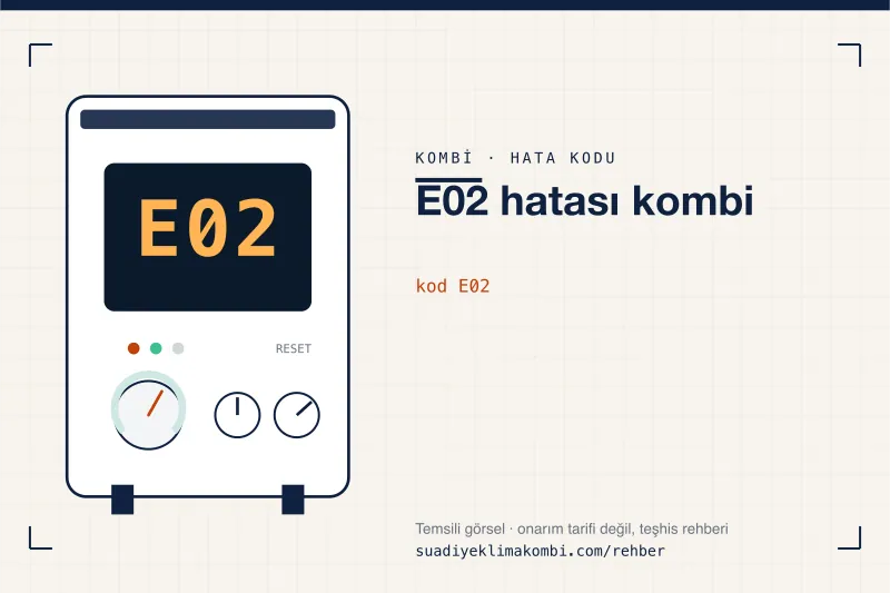 Temsili görsel: kombi paneli ekranında E02 kodu, "E02 hatası kombi" rehber kartı