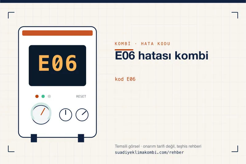 Temsili görsel: kombi paneli ekranında E06 kodu, "E06 hatası kombi" rehber kartı