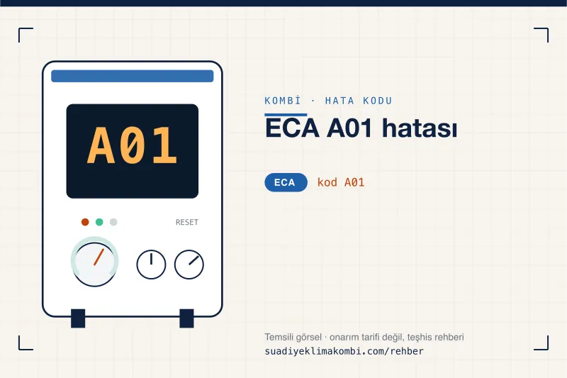 Temsili görsel: ECA kombi paneli ekranında A01 kodu, "ECA A01 hatası" rehber kartı