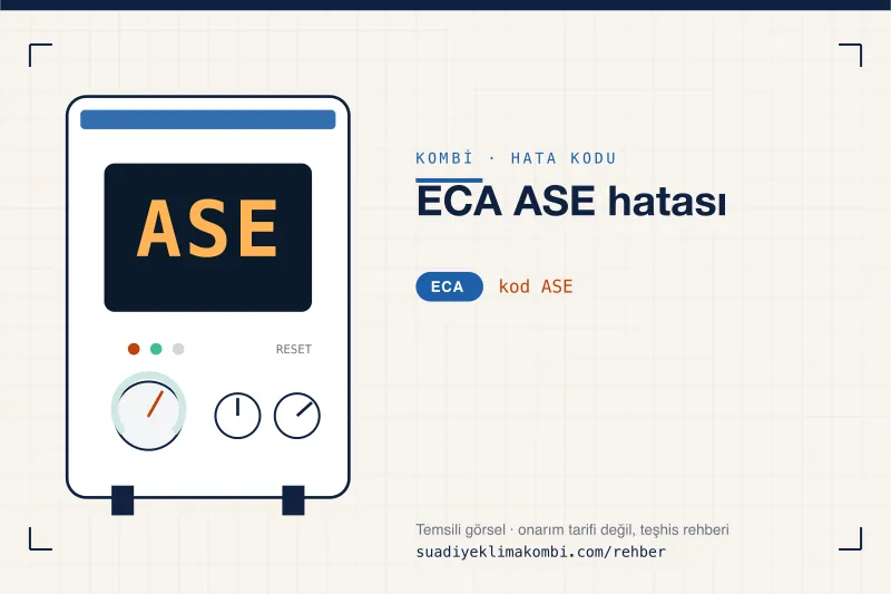 Temsili görsel: ECA kombi paneli ekranında ASE kodu, "ECA ASE hatası" rehber kartı
