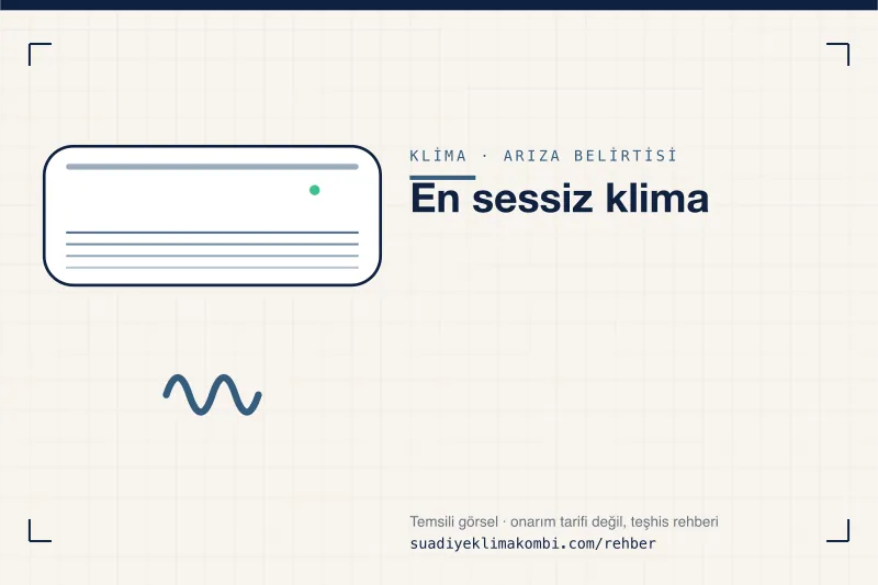 Temsili görsel: klima iç ünitesi üzerinde belirti simgesi, "En sessiz klima" teşhis kartı