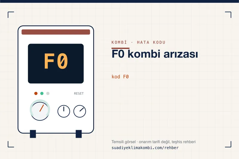 Temsili görsel: kombi paneli ekranında F0 kodu, "F0 kombi arızası" rehber kartı