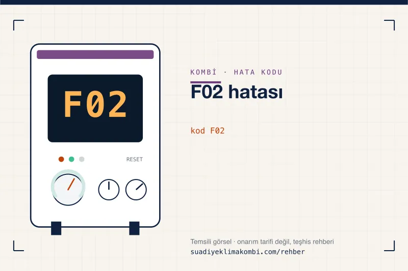 Temsili görsel: kombi paneli ekranında F02 kodu, "F02 hatası" rehber kartı
