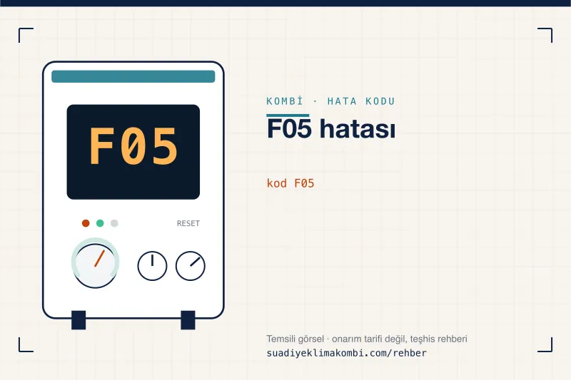 Temsili görsel: kombi paneli ekranında F05 kodu, "F05 hatası" rehber kartı