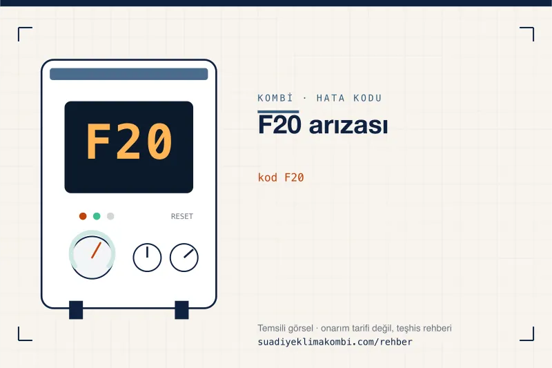Temsili görsel: kombi paneli ekranında F20 kodu, "F20 arızası" rehber kartı