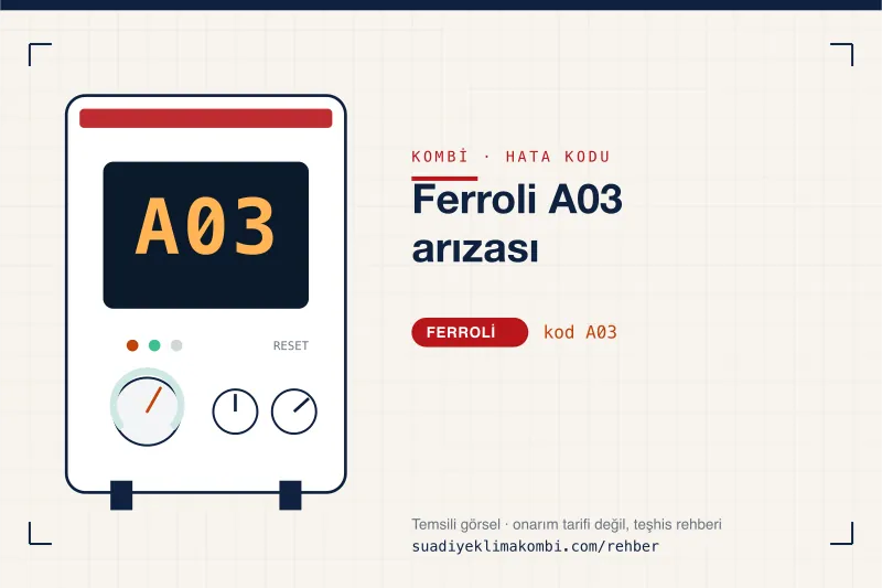 Temsili görsel: Ferroli kombi paneli ekranında A03 kodu, "Ferroli A03 arızası" rehber kartı