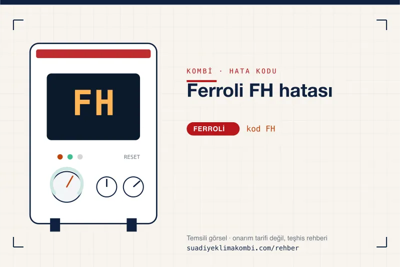 Temsili görsel: Ferroli kombi paneli ekranında FH kodu, "Ferroli FH hatası" rehber kartı