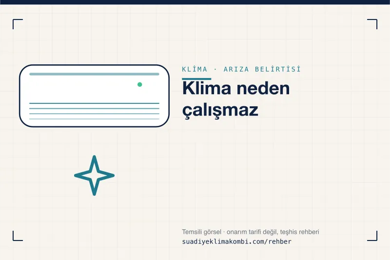 Temsili görsel: klima iç ünitesi üzerinde belirti simgesi, "Klima neden çalışmaz" teşhis kartı
