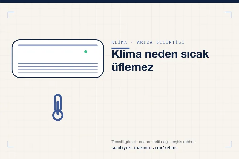 Temsili görsel: klima iç ünitesi üzerinde belirti simgesi, "Klima neden sıcak üflemez" teşhis kartı