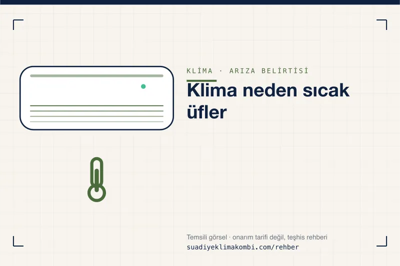Temsili görsel: klima iç ünitesi üzerinde belirti simgesi, "Klima neden sıcak üfler" teşhis kartı