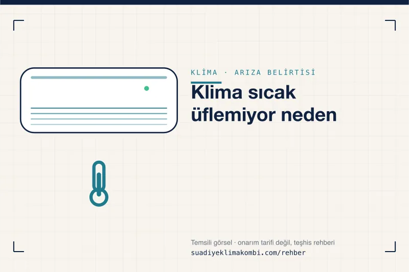 Temsili görsel: klima iç ünitesi üzerinde belirti simgesi, "Klima sıcak üflemiyor neden" teşhis kartı