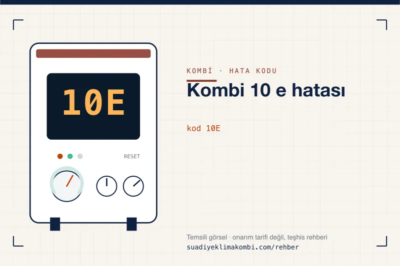Temsili görsel: kombi paneli ekranında 10E kodu, "Kombi 10 e hatası" rehber kartı