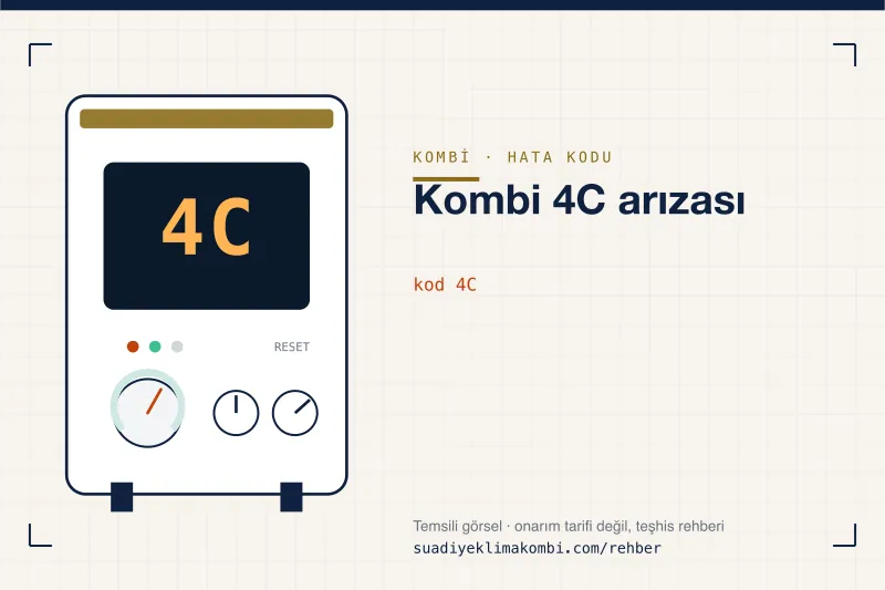Temsili görsel: kombi paneli ekranında 4C kodu, "Kombi 4C arızası" rehber kartı