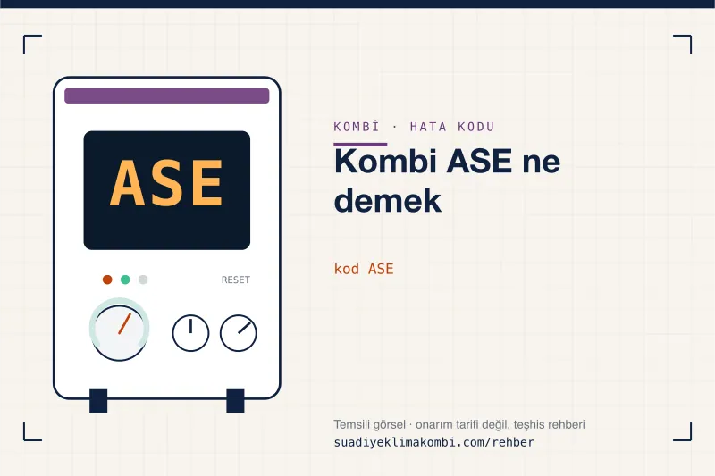 Temsili görsel: kombi paneli ekranında ASE kodu, "Kombi ASE ne demek" rehber kartı