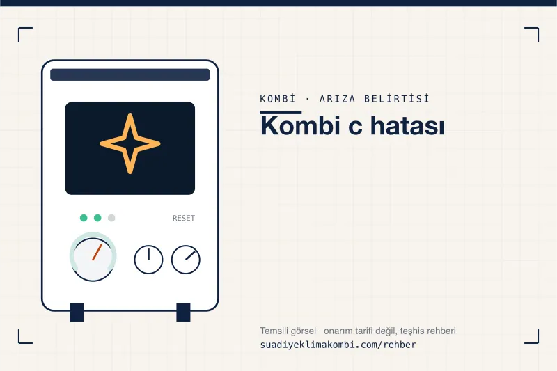 Temsili görsel: kombi paneli üzerinde belirti simgesi, "Kombi c hatası" teşhis kartı