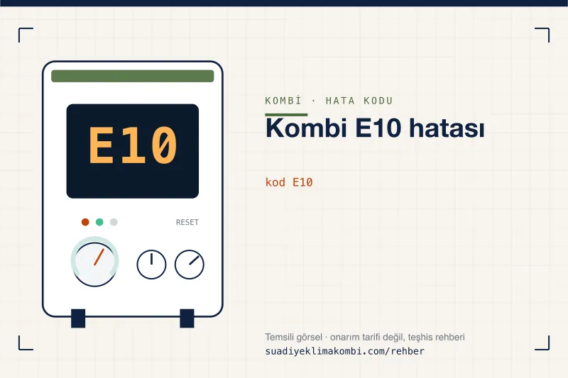 Temsili görsel: kombi paneli ekranında E10 kodu, "Kombi E10 hatası" rehber kartı