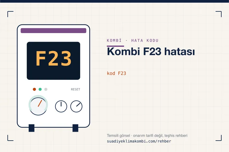 Temsili görsel: kombi paneli ekranında F23 kodu, "Kombi F23 hatası" rehber kartı