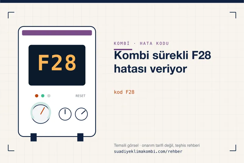 Temsili görsel: kombi paneli ekranında F28 kodu, "Kombi sürekli F28 hatası veriyor" rehber kartı