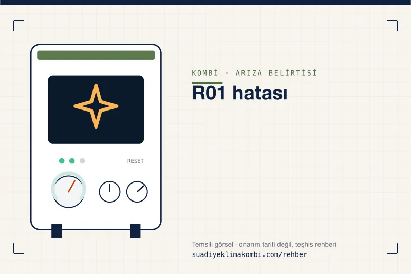 Temsili görsel: kombi paneli üzerinde belirti simgesi, "R01 hatası" teşhis kartı