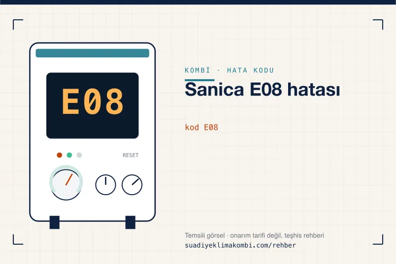 Temsili görsel: kombi paneli ekranında E08 kodu, "Sanica E08 hatası" rehber kartı