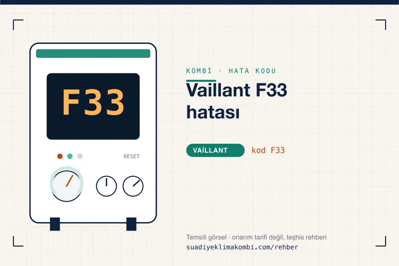 Temsili görsel: Vaillant kombi paneli ekranında F33 kodu, "Vaillant F33 hatası" rehber kartı