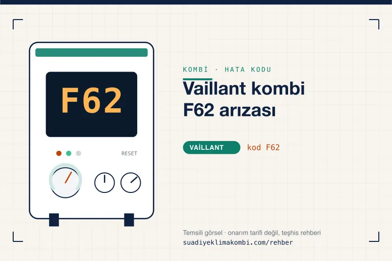 Temsili görsel: Vaillant kombi paneli ekranında F62 kodu, "Vaillant kombi F62 arızası" rehber kartı